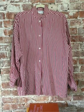 Tracy M 100% Silk Red and White Vertical Stripe Band-Collar Button-Down Shirt